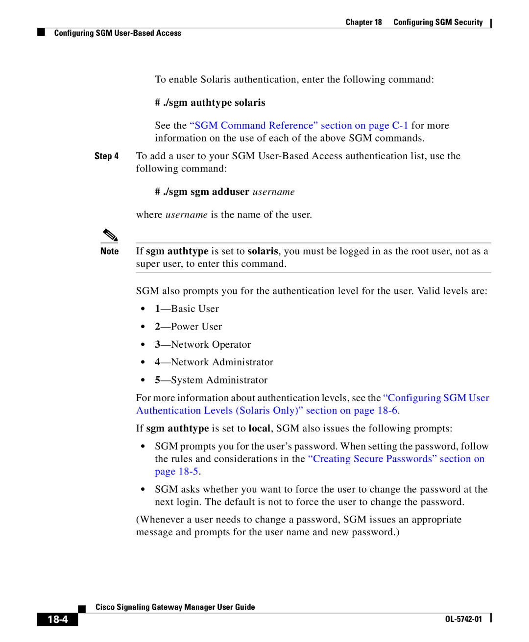 Cisco Systems OL-5742-01 manual # ./sgm authtype solaris, # ./sgm sgm adduser username, 18-4 