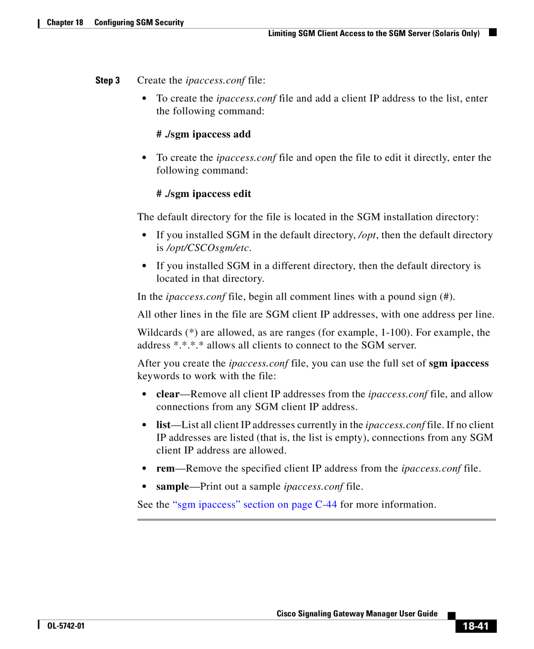 Cisco Systems OL-5742-01 manual # ./sgm ipaccess add, # ./sgm ipaccess edit, 18-41 