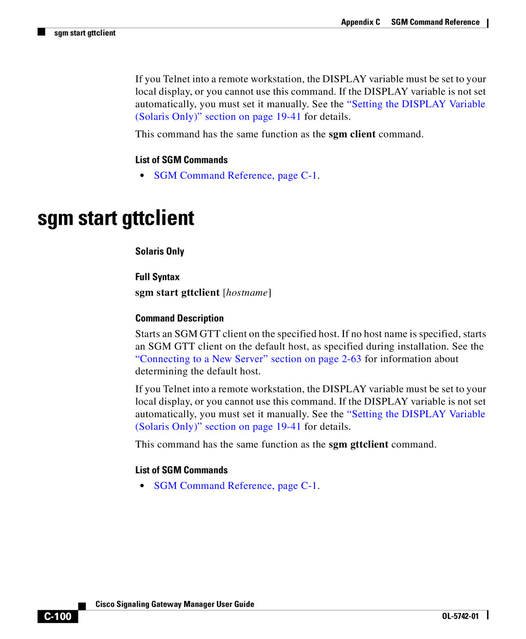 Cisco Systems OL-5742-01 appendix Sgm start gttclient hostname, 100 