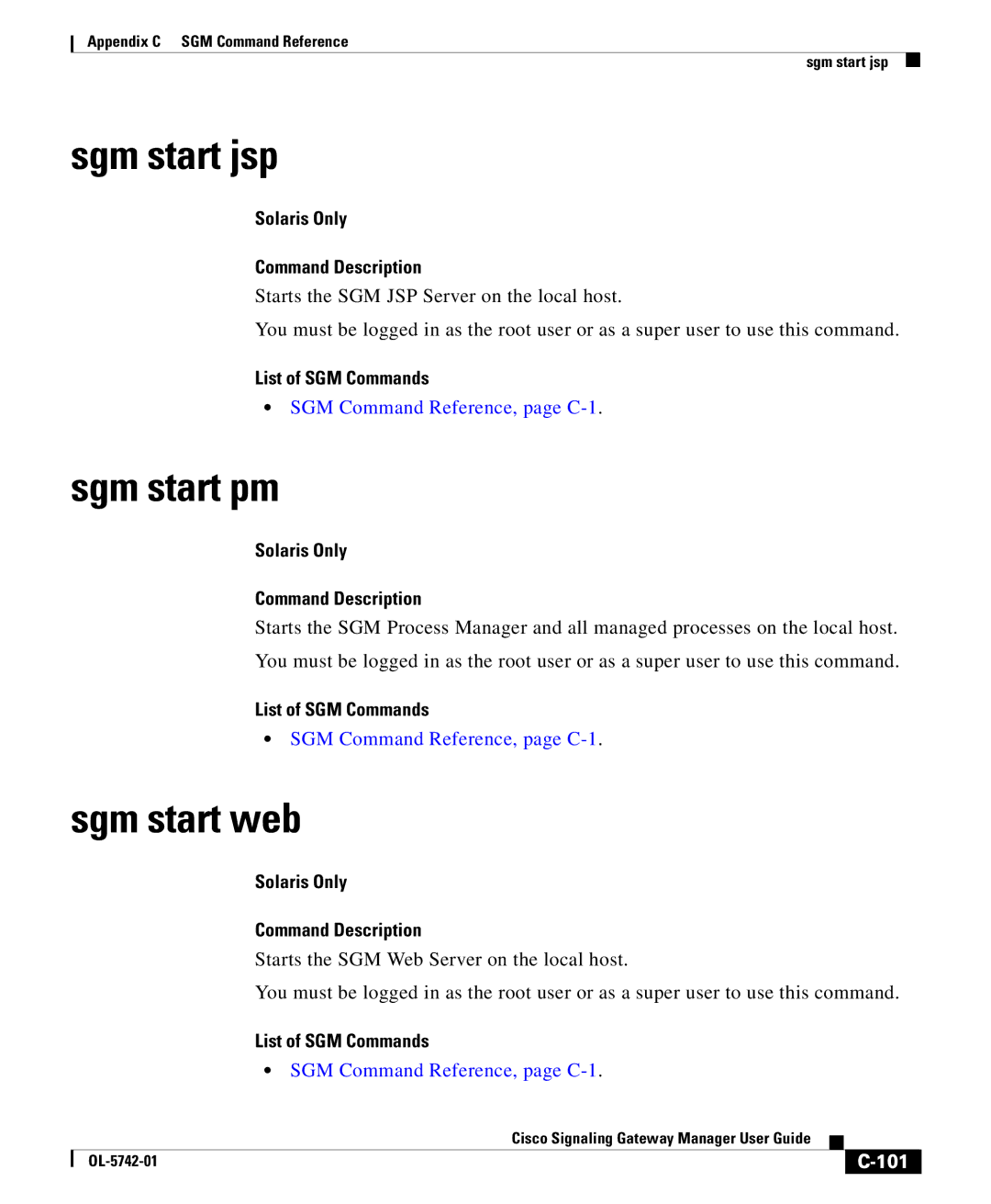Cisco Systems OL-5742-01 appendix Sgm start jsp, Sgm start pm, Sgm start web, 101 