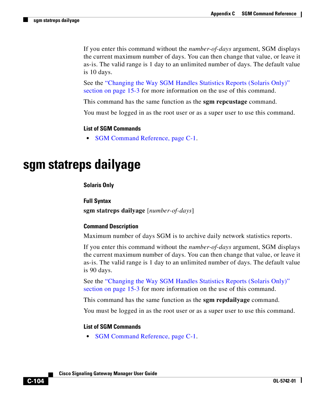 Cisco Systems OL-5742-01 appendix Sgm statreps dailyage number-of-days, 104 