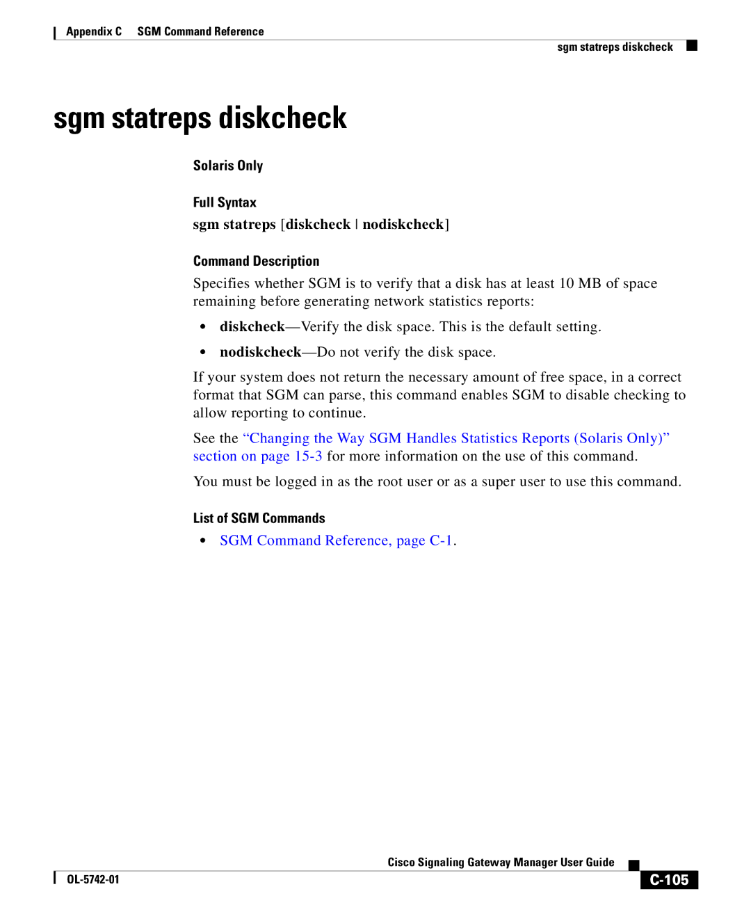 Cisco Systems OL-5742-01 appendix Sgm statreps diskcheck nodiskcheck, 105 