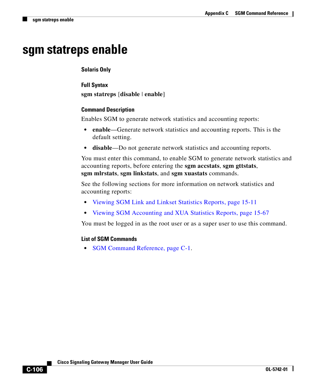 Cisco Systems OL-5742-01 appendix Sgm statreps enable, Sgm statreps disable enable, 106 