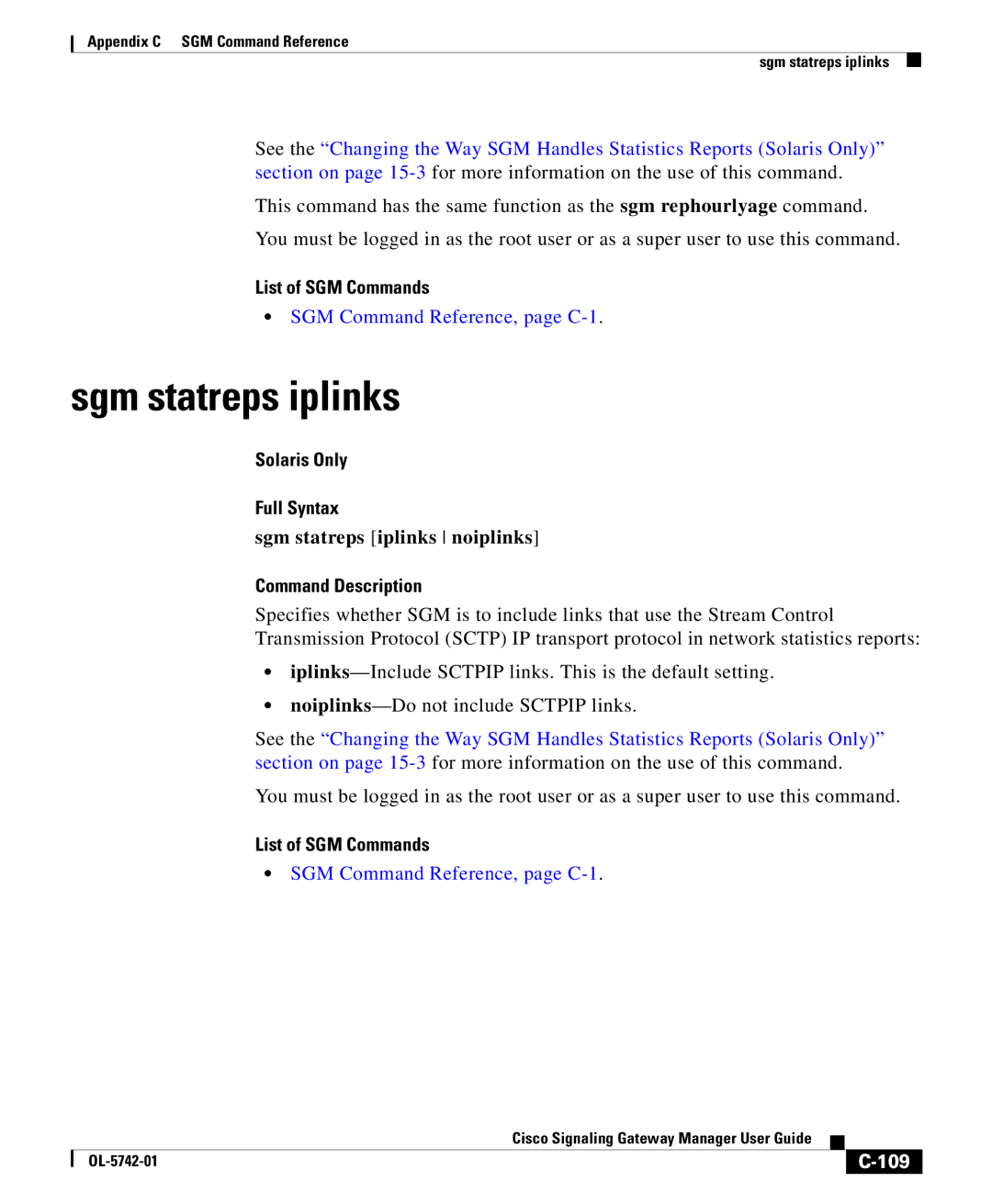 Cisco Systems OL-5742-01 appendix Sgm statreps iplinks noiplinks, 109 