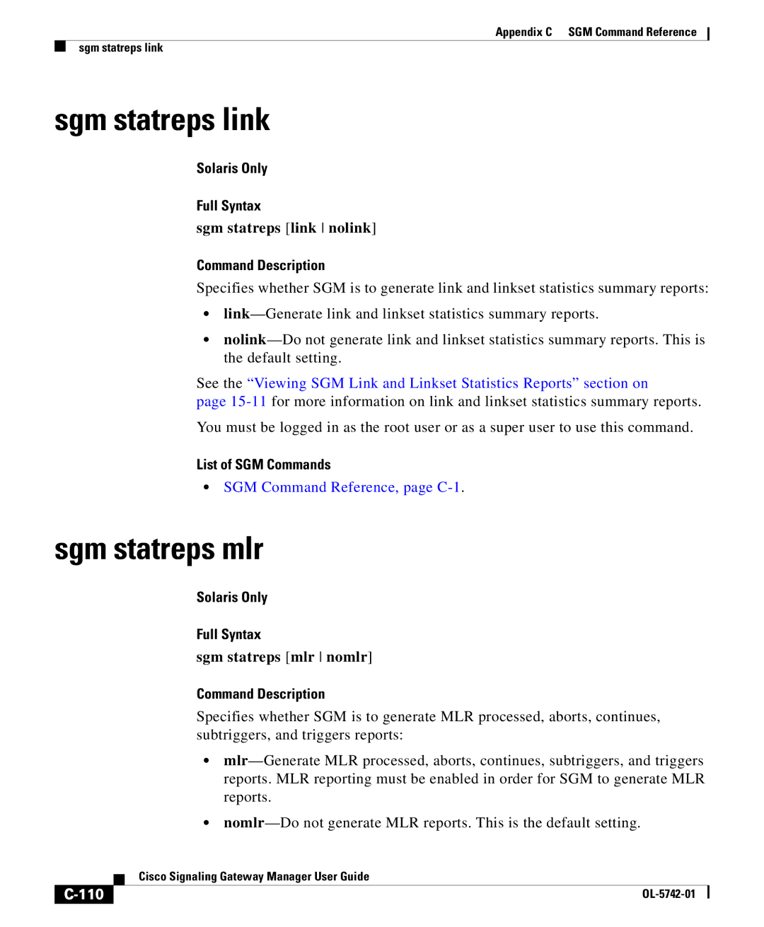 Cisco Systems OL-5742-01 appendix Sgm statreps link nolink, Sgm statreps mlr nomlr, 110 