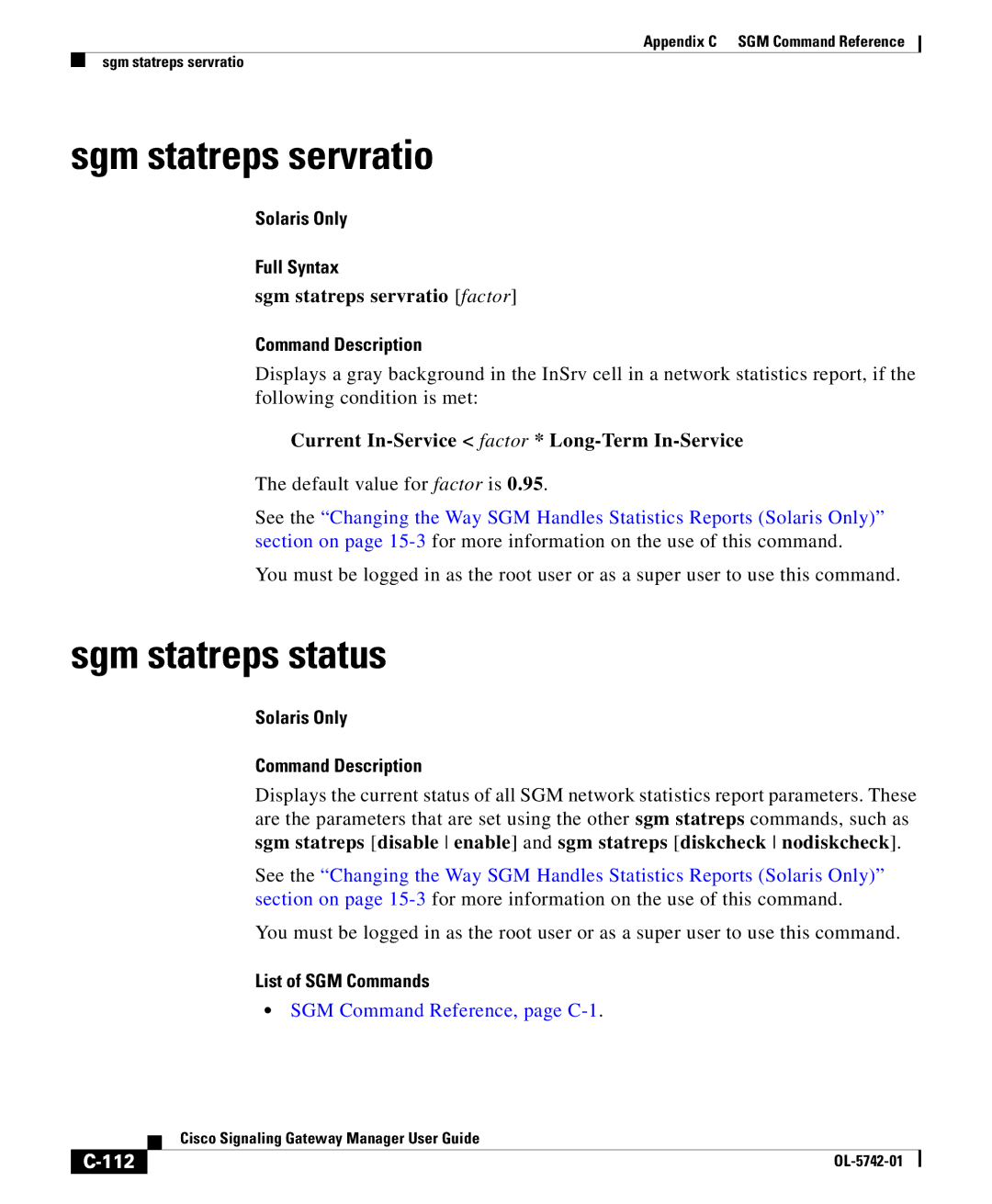 Cisco Systems OL-5742-01 appendix Sgm statreps status, Sgm statreps servratio factor, 112 