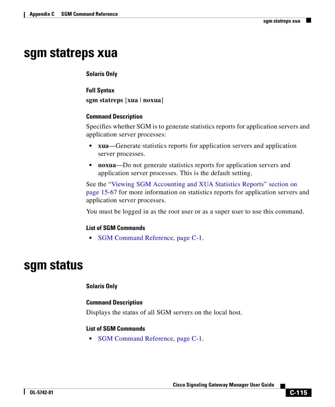 Cisco Systems OL-5742-01 appendix Sgm status, Sgm statreps xua noxua, 115 