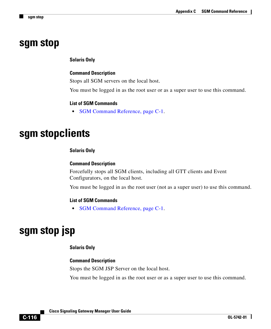 Cisco Systems OL-5742-01 appendix Sgm stopclients, Sgm stop jsp, 116 