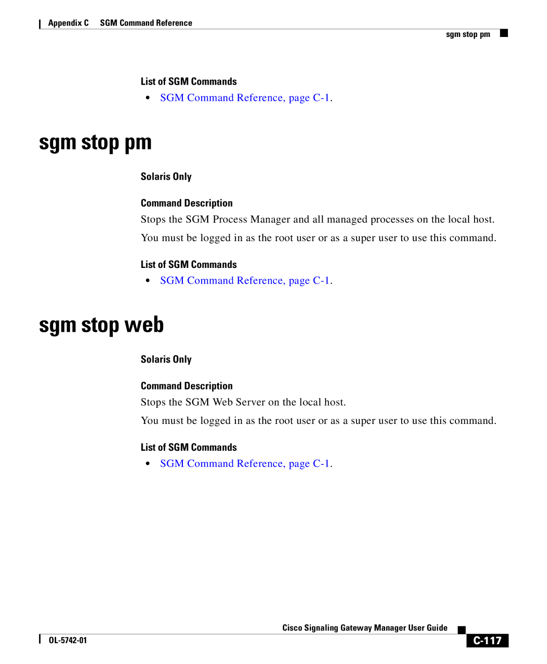 Cisco Systems OL-5742-01 appendix Sgm stop pm, Sgm stop web, 117 