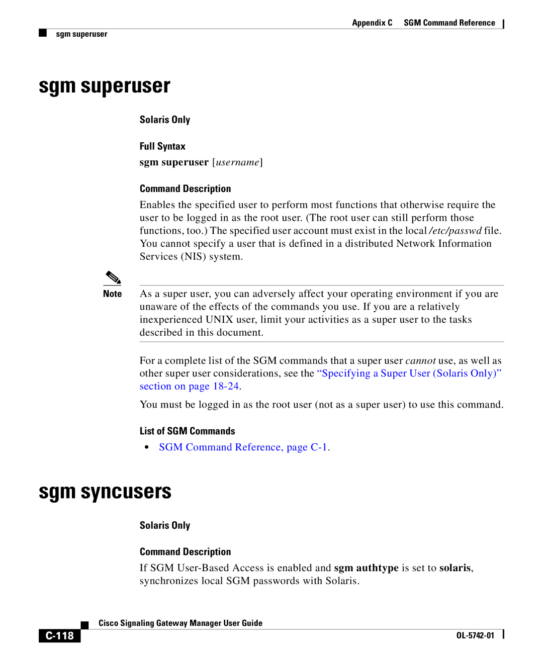 Cisco Systems OL-5742-01 appendix Sgm syncusers, Sgm superuser username, 118 