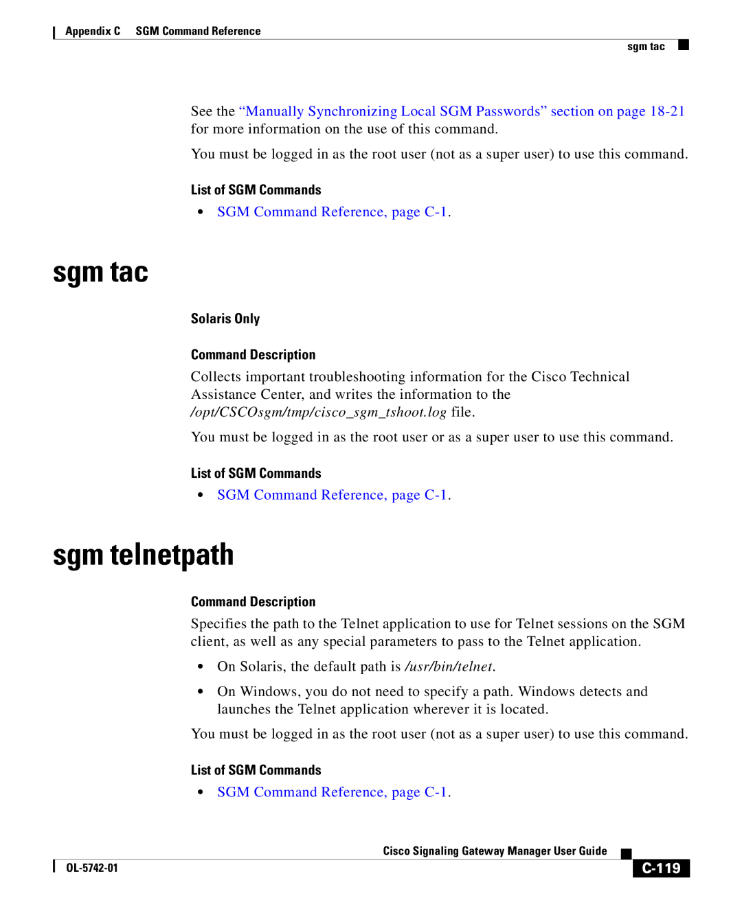 Cisco Systems OL-5742-01 appendix Sgm tac, Sgm telnetpath, 119 