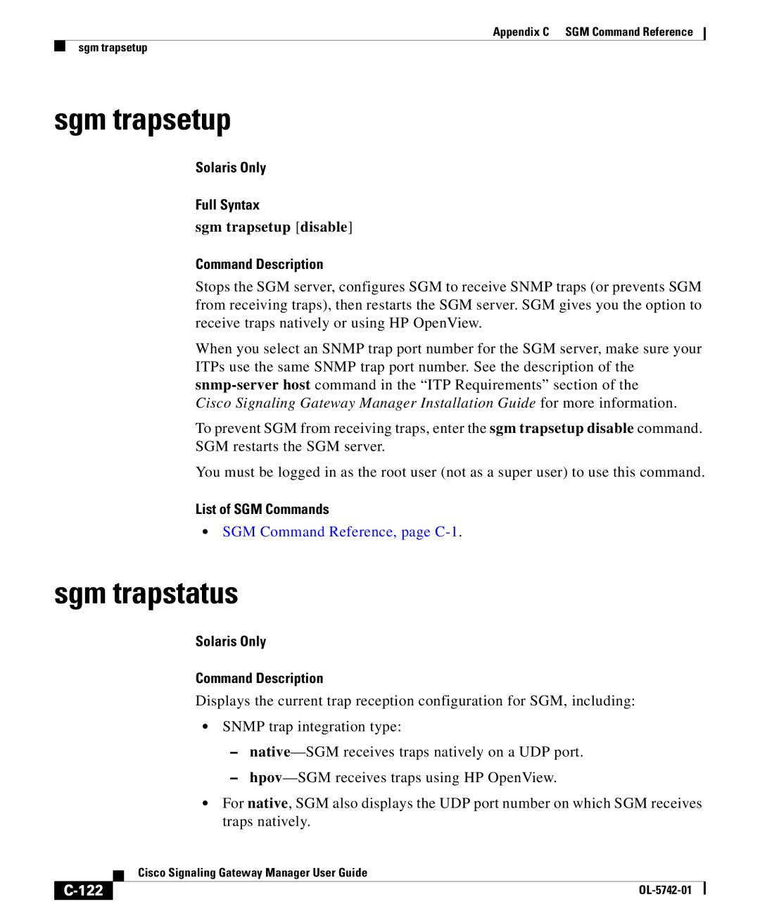 Cisco Systems OL-5742-01 appendix Sgm trapstatus, Sgm trapsetup disable, 122 