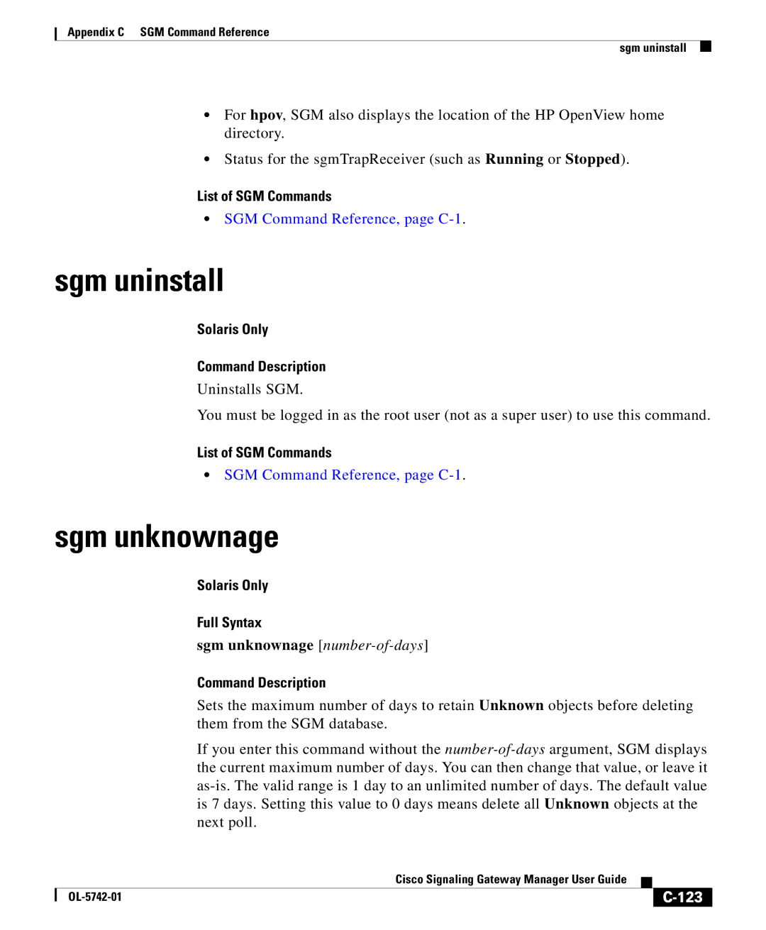 Cisco Systems OL-5742-01 appendix Sgm uninstall, Sgm unknownage number-of-days, 123 