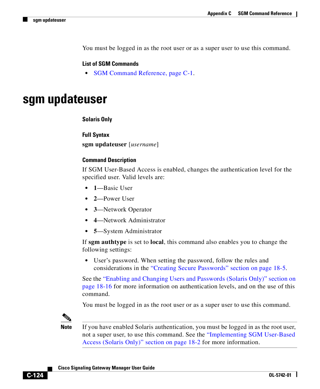 Cisco Systems OL-5742-01 appendix Sgm updateuser username, 124 