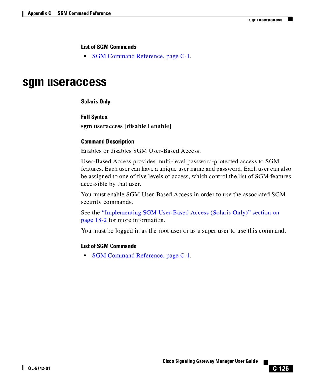 Cisco Systems OL-5742-01 appendix Sgm useraccess disable enable, 125 