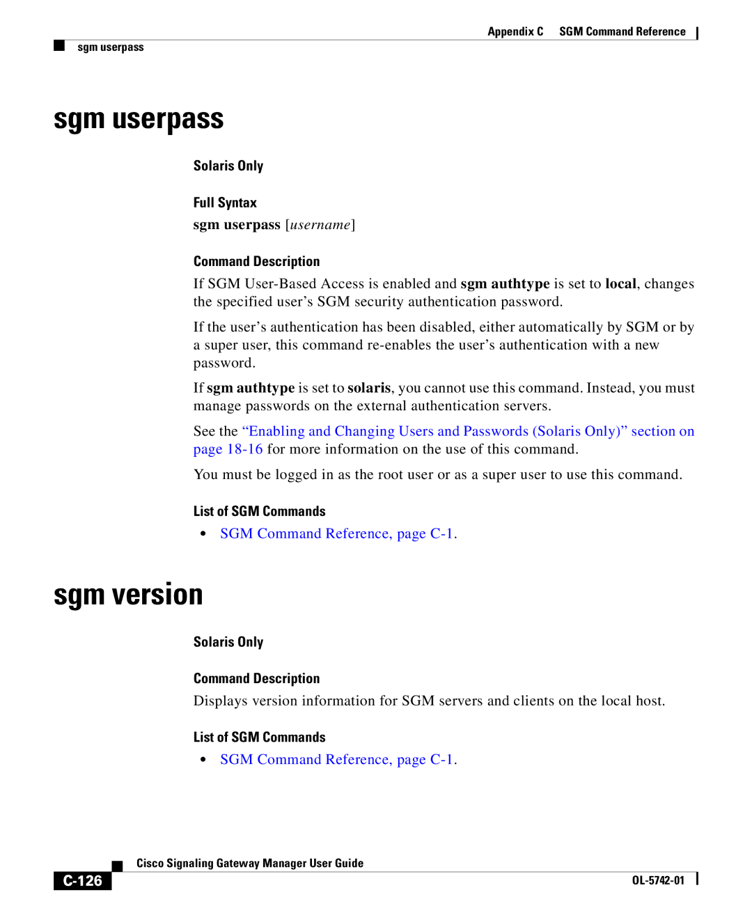 Cisco Systems OL-5742-01 appendix Sgm version, Sgm userpass username, 126 