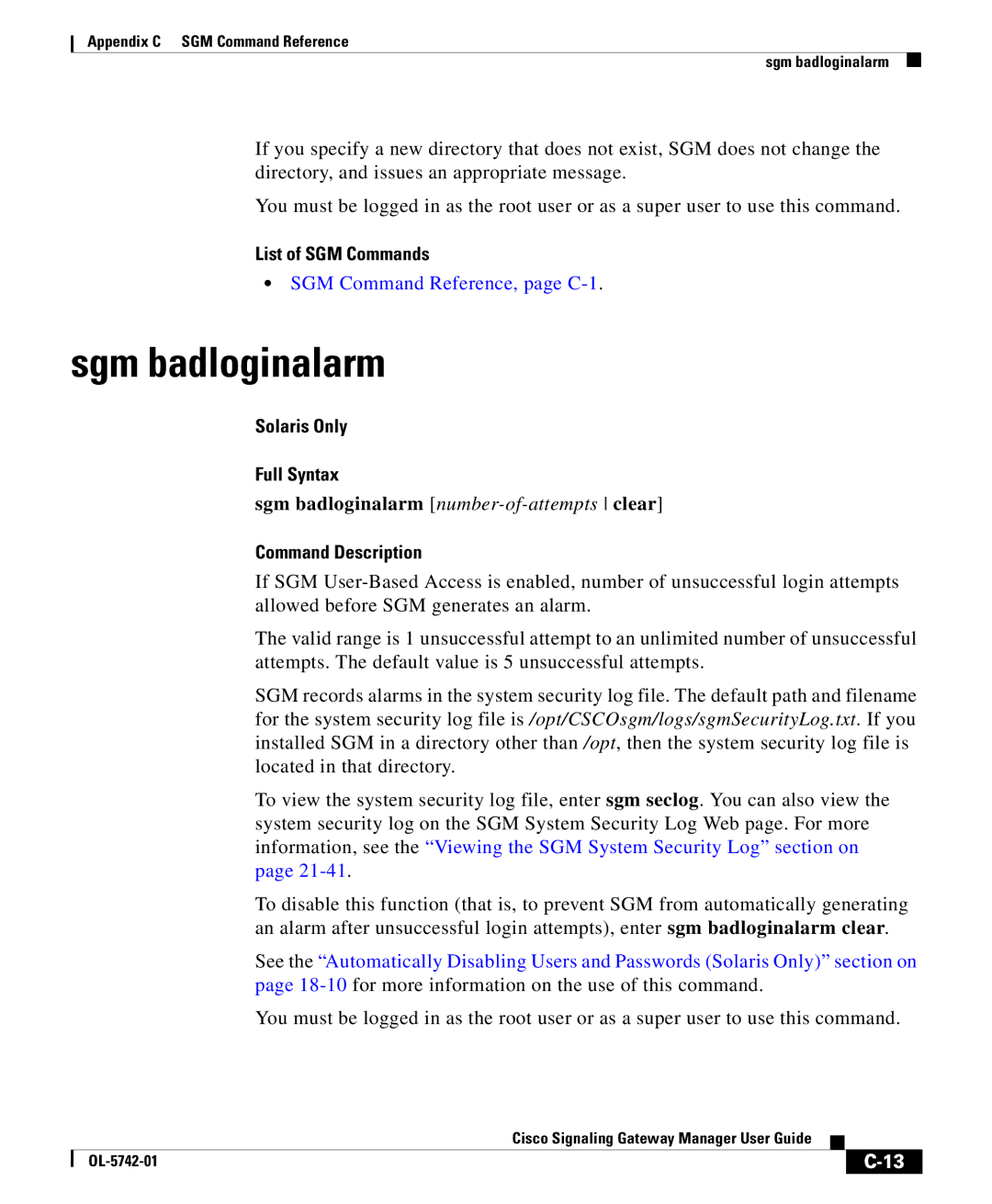 Cisco Systems OL-5742-01 appendix Sgm badloginalarm number-of-attemptsclear 