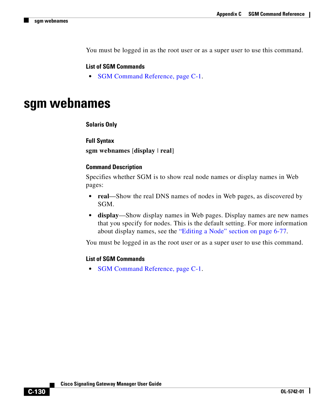 Cisco Systems OL-5742-01 appendix Sgm webnames display real, 130 