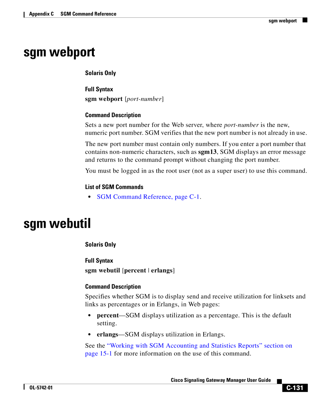 Cisco Systems OL-5742-01 appendix Sgm webport port-number, Sgm webutil percent erlangs, 131 