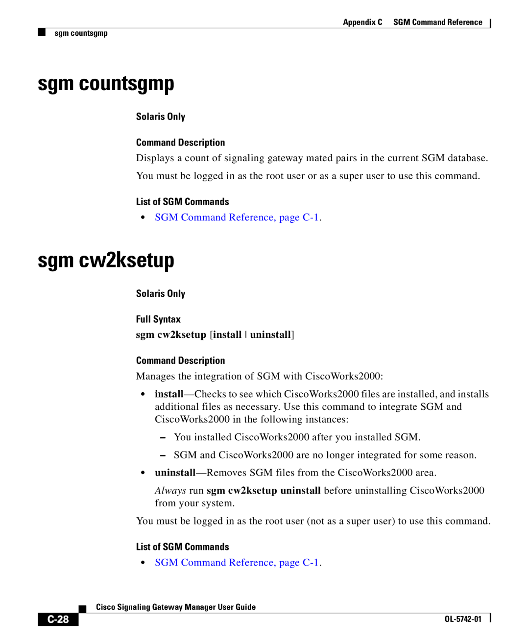 Cisco Systems OL-5742-01 appendix Sgm countsgmp, Sgm cw2ksetup install uninstall 