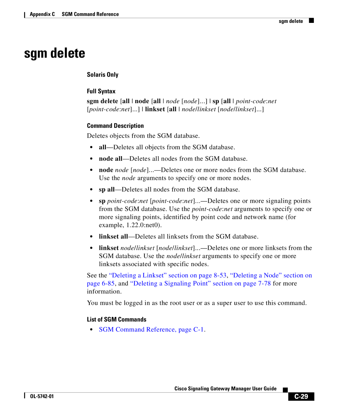 Cisco Systems OL-5742-01 appendix Sgm delete all node all node node... sp all point-codenet 