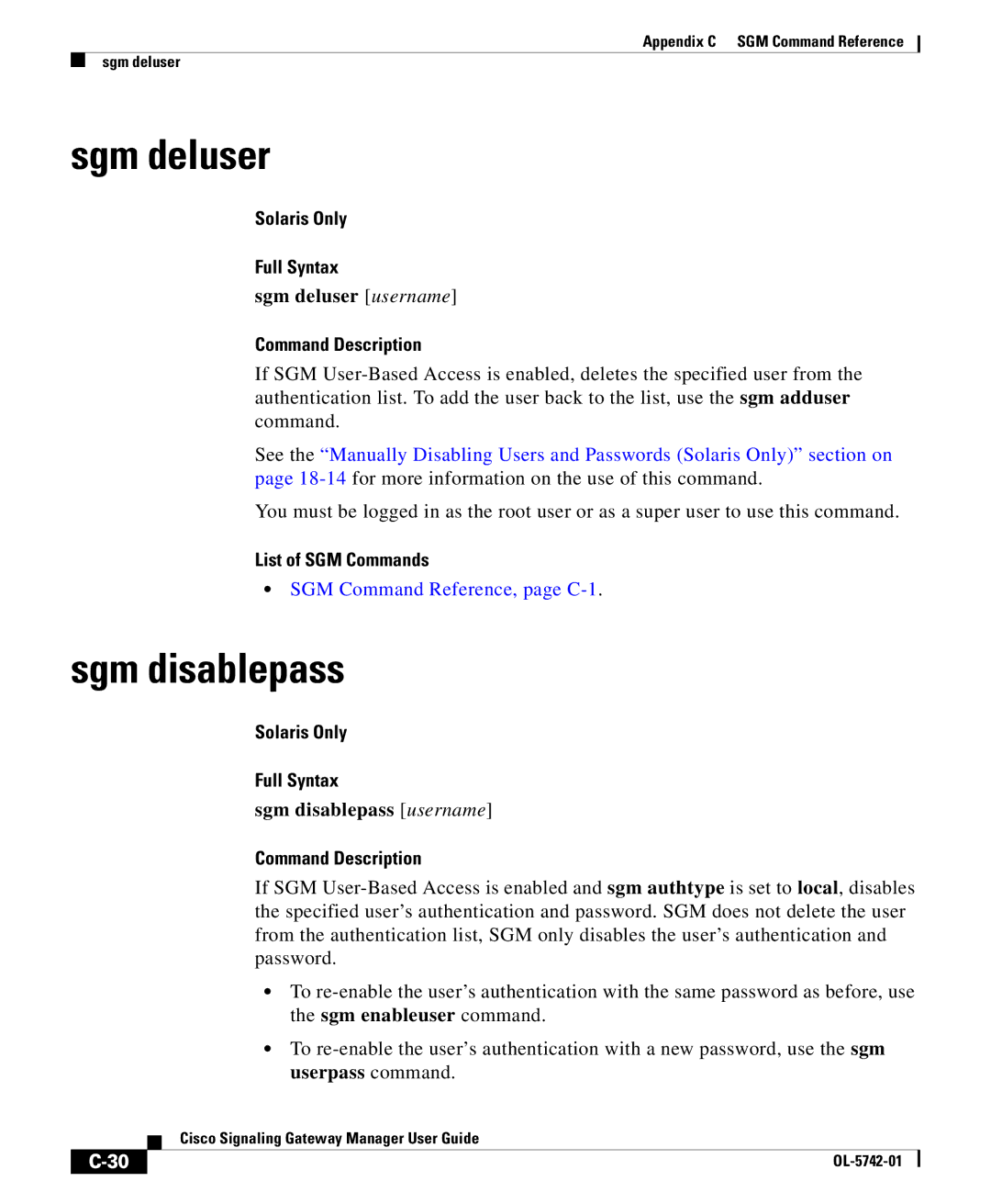 Cisco Systems OL-5742-01 appendix Sgm deluser username, Sgm disablepass username 