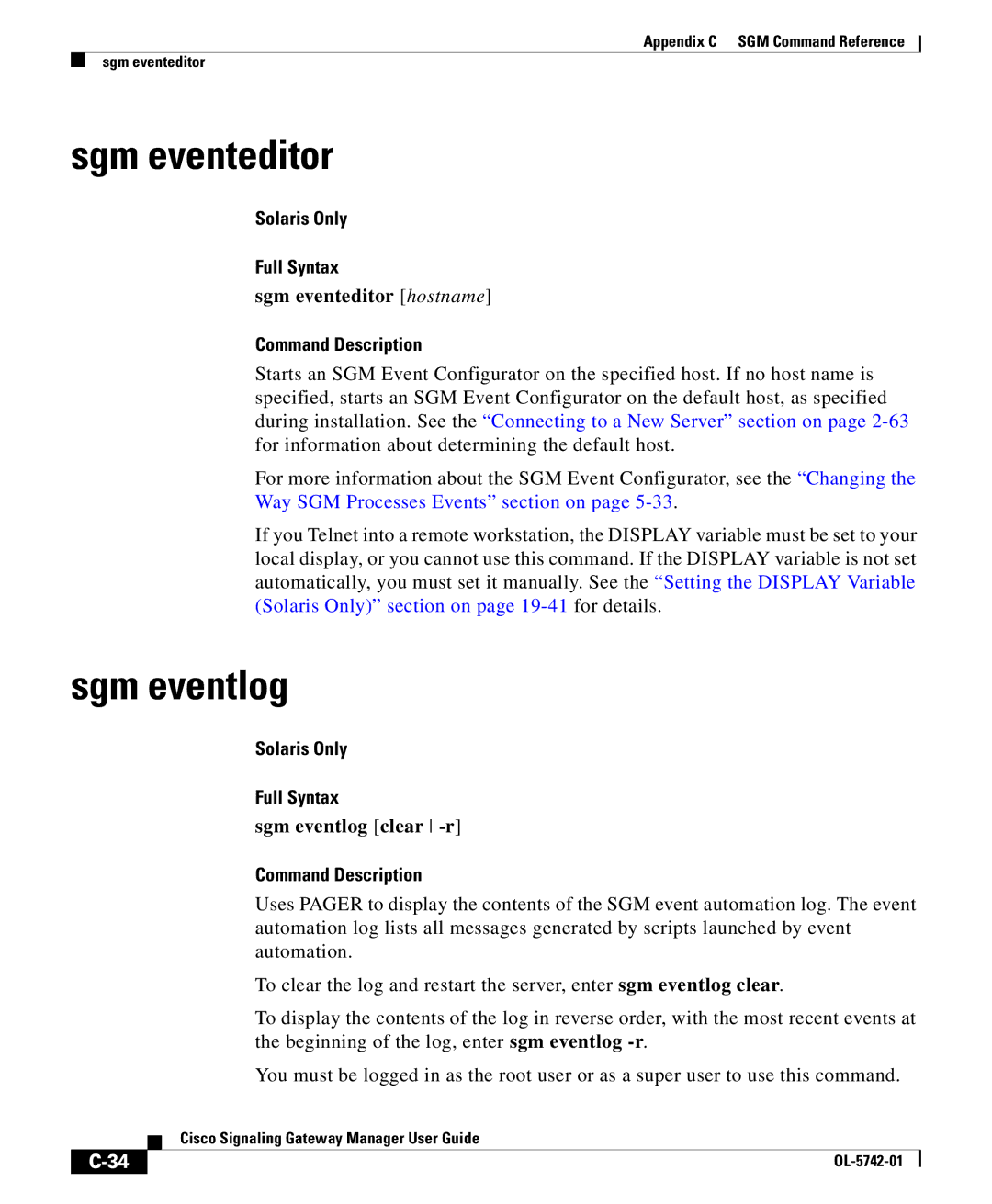 Cisco Systems OL-5742-01 appendix Sgm eventeditor hostname, Sgm eventlog clear -r 