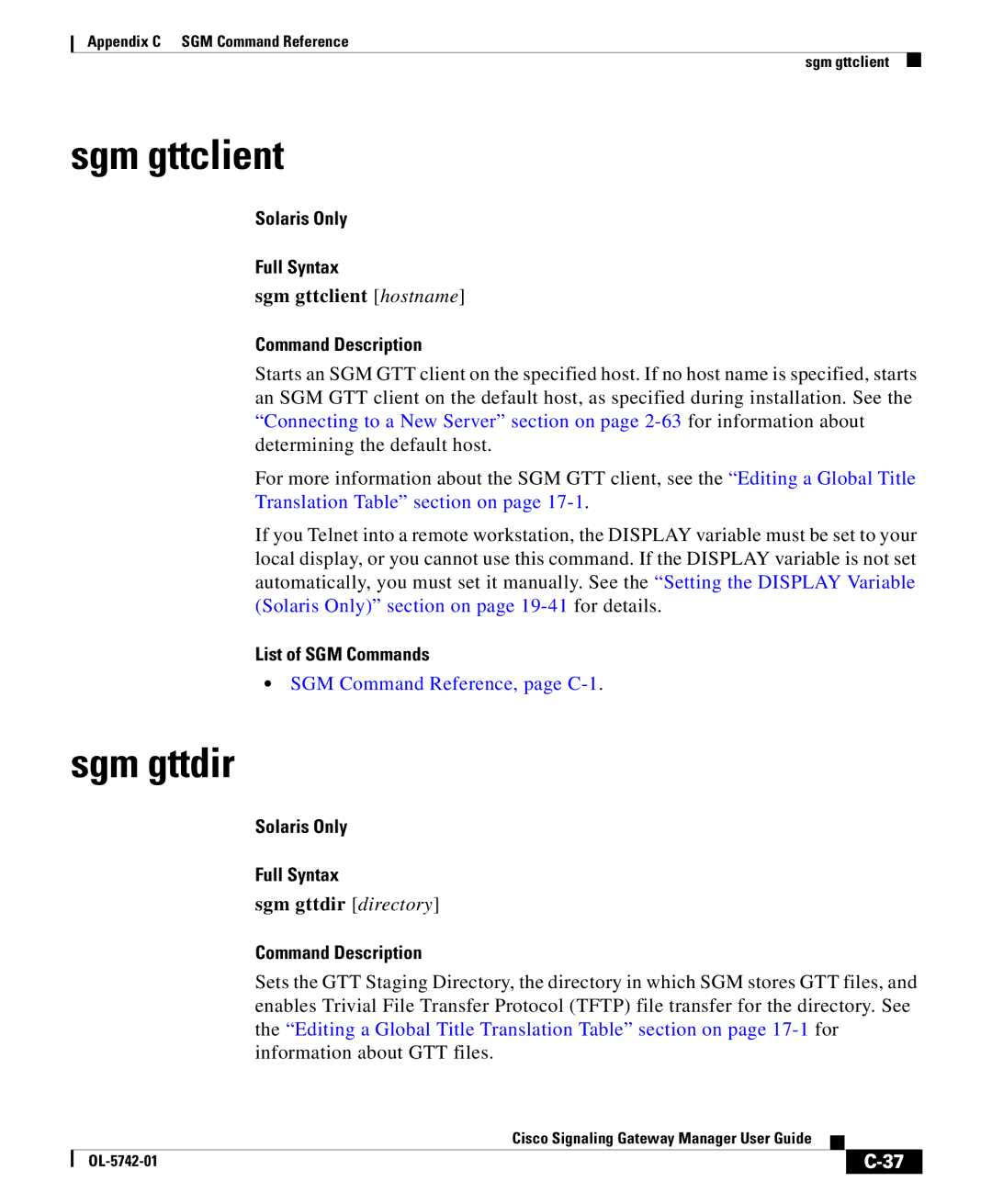 Cisco Systems OL-5742-01 appendix Sgm gttclient hostname, Sgm gttdir directory 