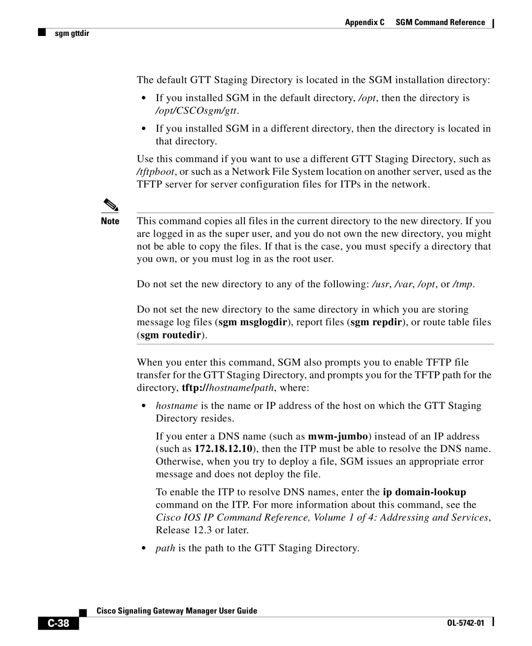 Cisco Systems OL-5742-01 appendix Appendix C SGM Command Reference Sgm gttdir 