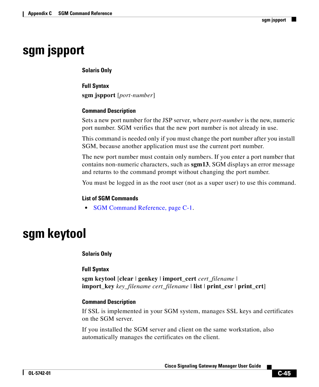 Cisco Systems OL-5742-01 appendix Sgm keytool, Sgm jspport port-number 