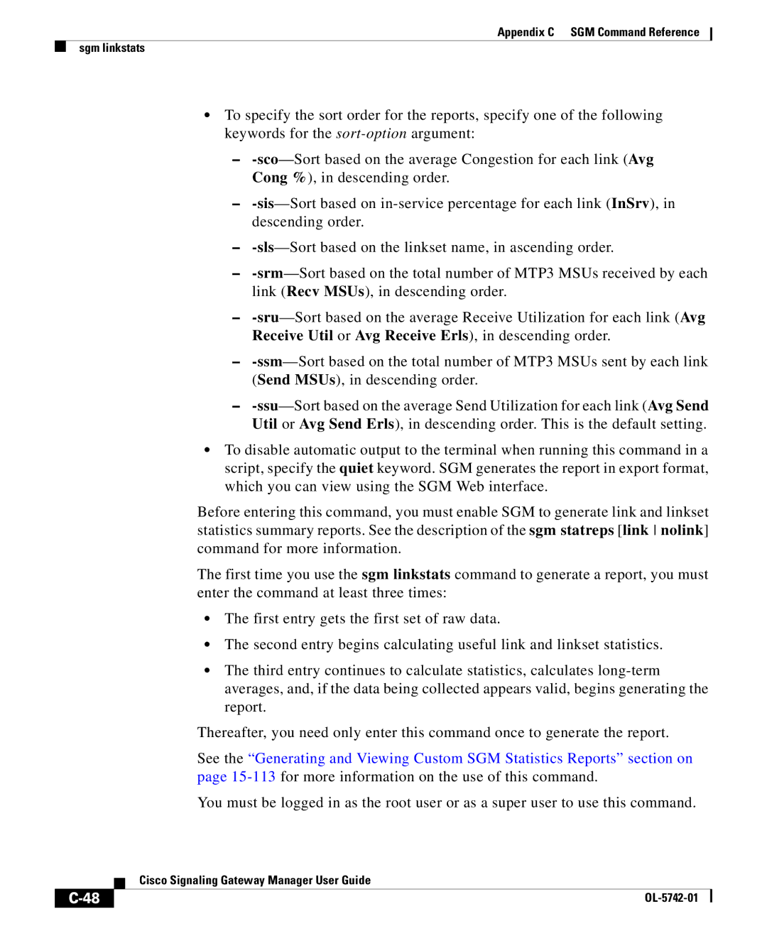 Cisco Systems OL-5742-01 appendix Appendix C SGM Command Reference Sgm linkstats 