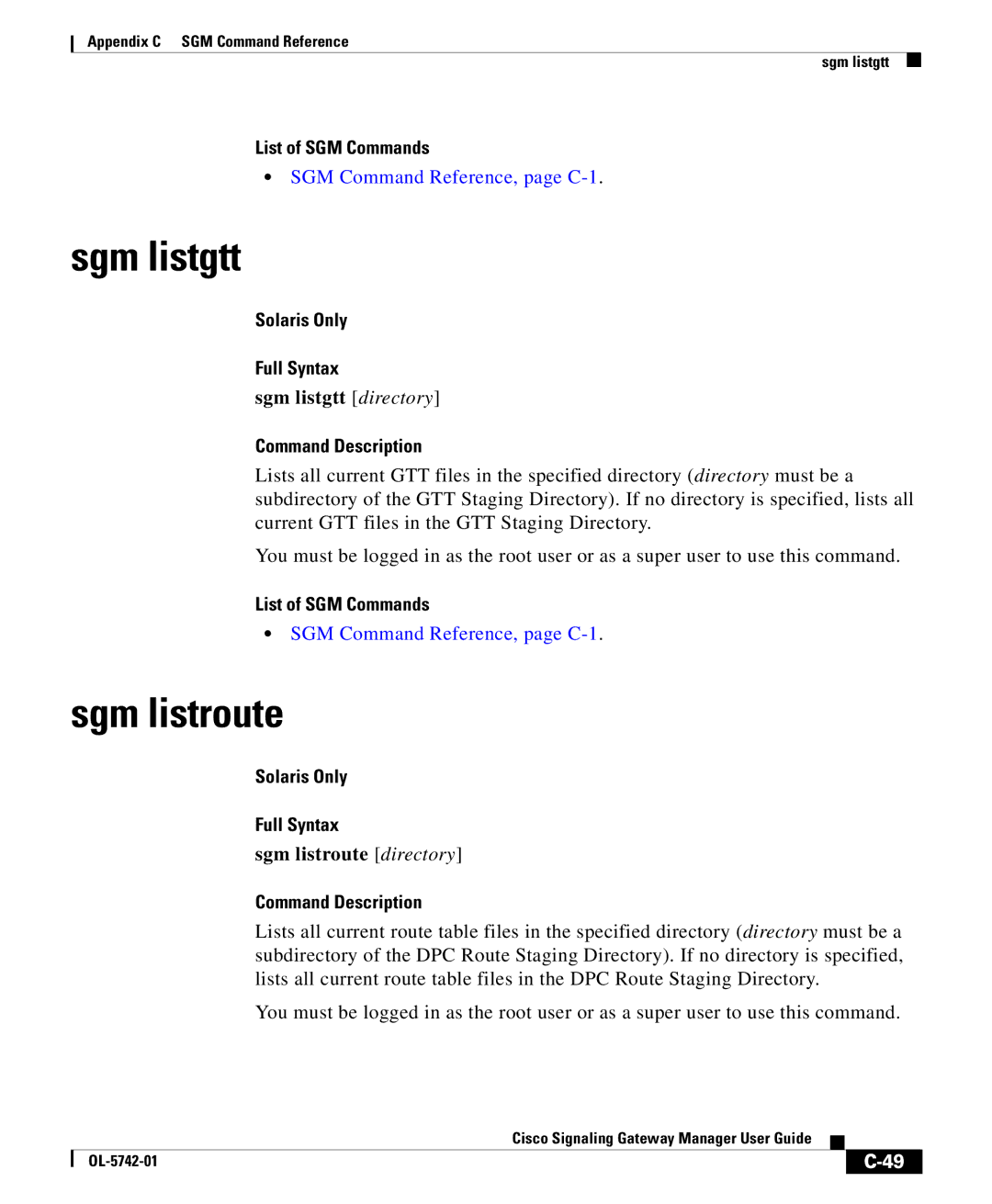 Cisco Systems OL-5742-01 appendix Sgm listgtt directory, Sgm listroute directory 