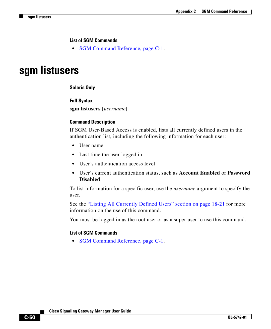 Cisco Systems OL-5742-01 appendix Sgm listusers username, Disabled 