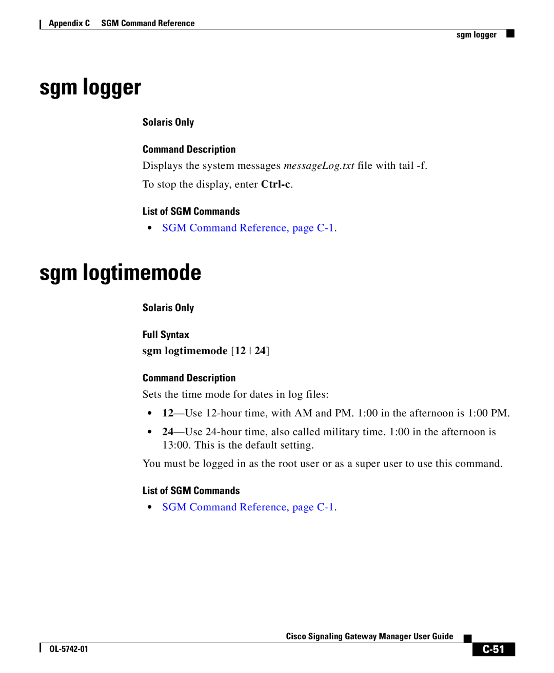 Cisco Systems OL-5742-01 appendix Sgm logger, Sgm logtimemode 12 