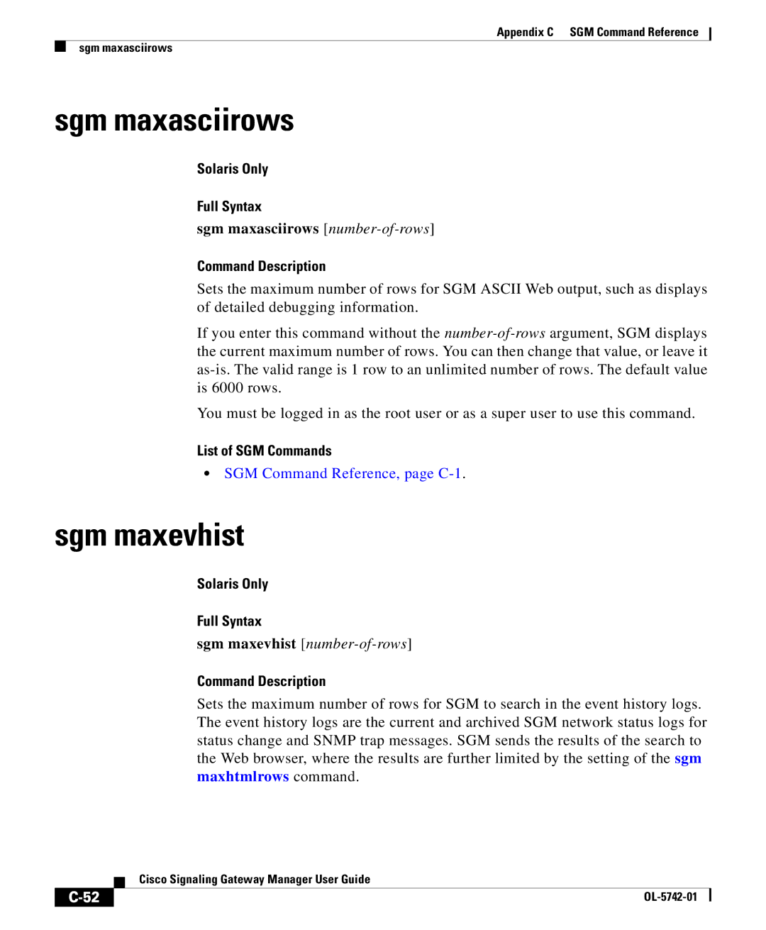 Cisco Systems OL-5742-01 appendix Sgm maxasciirows number-of-rows, Sgm maxevhist number-of-rows 