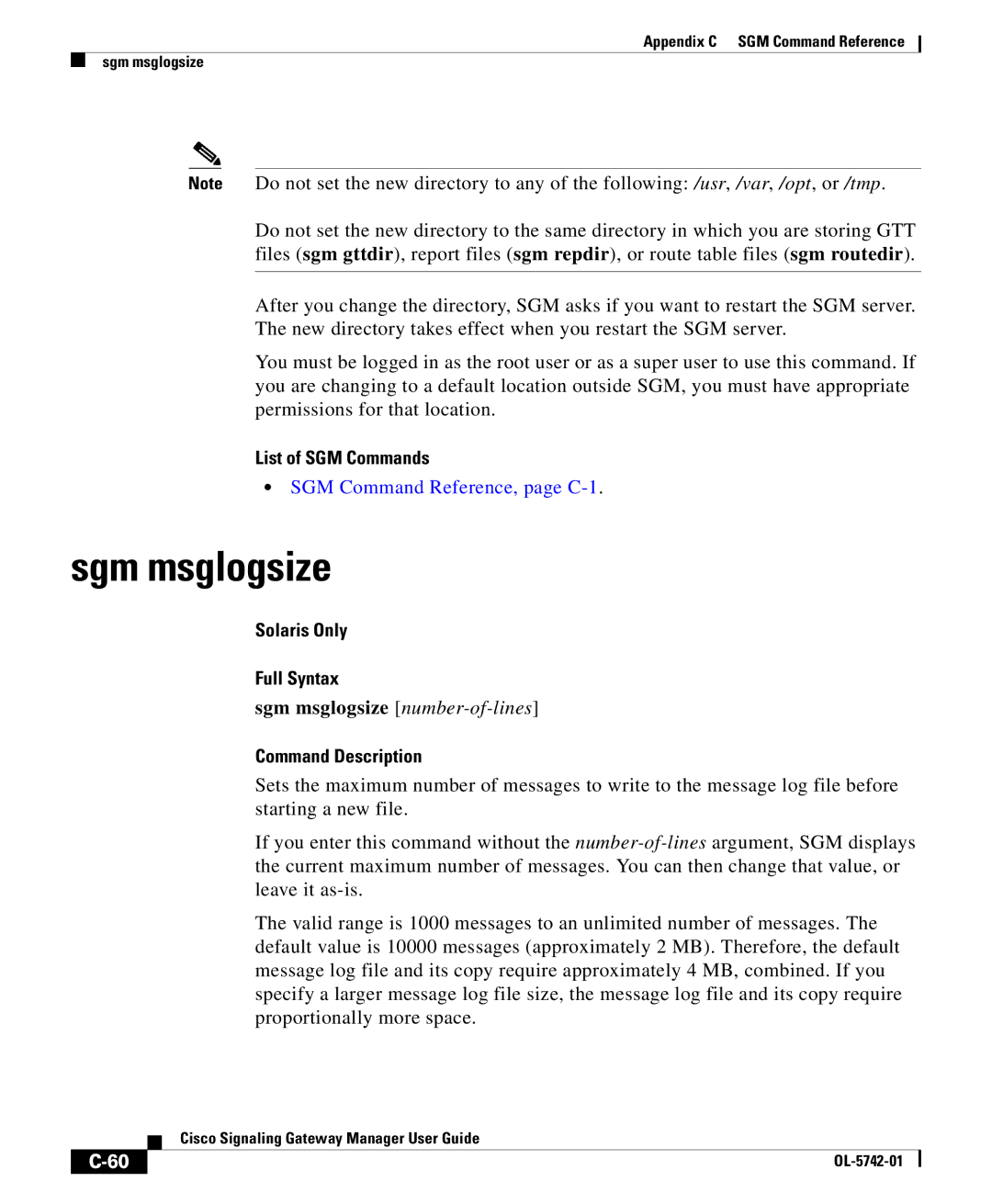 Cisco Systems OL-5742-01 appendix Sgm msglogsize number-of-lines 