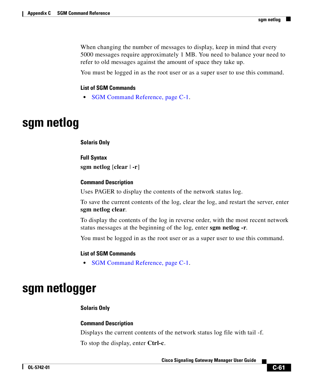 Cisco Systems OL-5742-01 appendix Sgm netlogger, Sgm netlog clear -r 