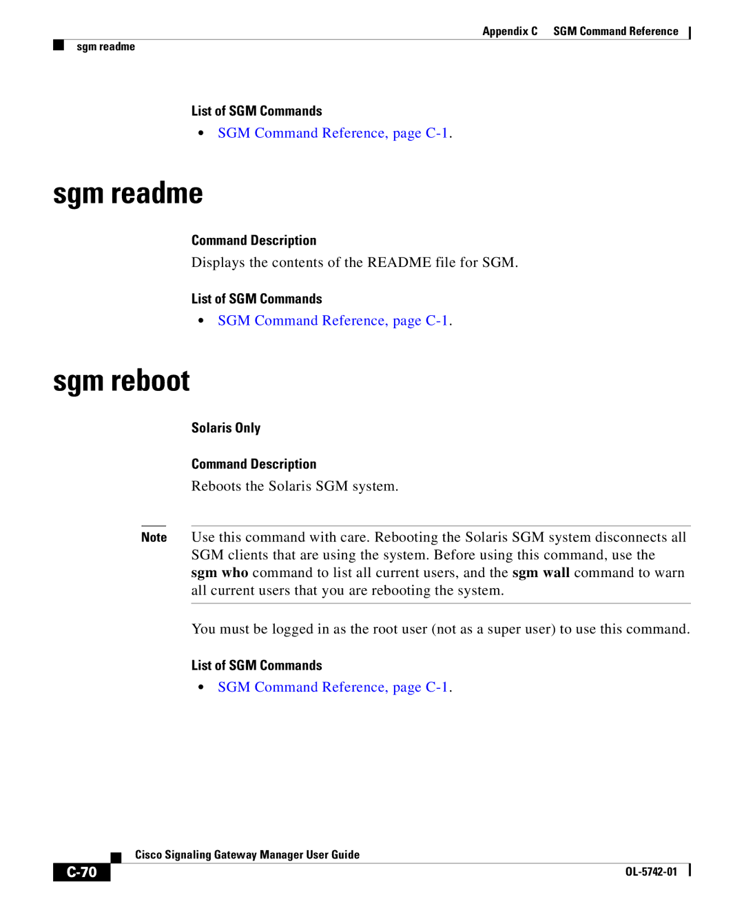 Cisco Systems OL-5742-01 appendix Sgm readme, Sgm reboot 