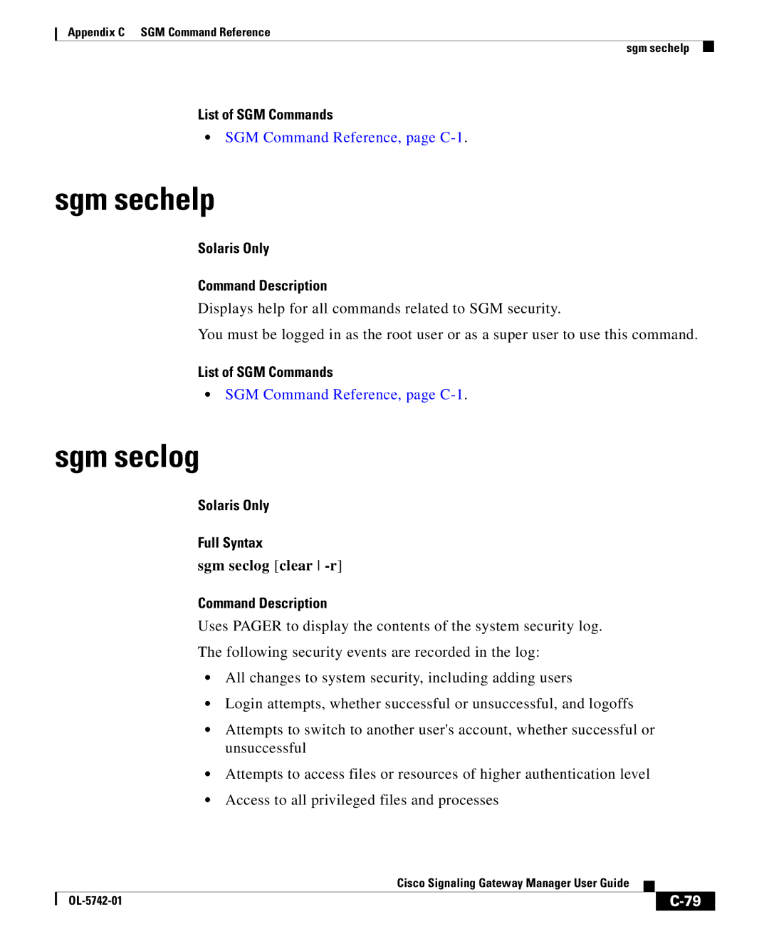 Cisco Systems OL-5742-01 appendix Sgm sechelp, Sgm seclog clear -r 