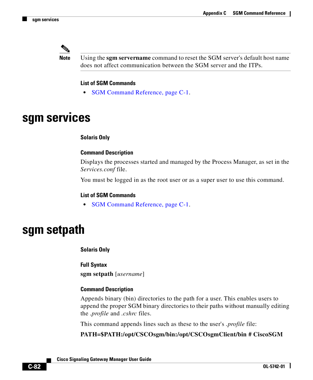 Cisco Systems OL-5742-01 appendix Sgm services, Sgm setpath username 