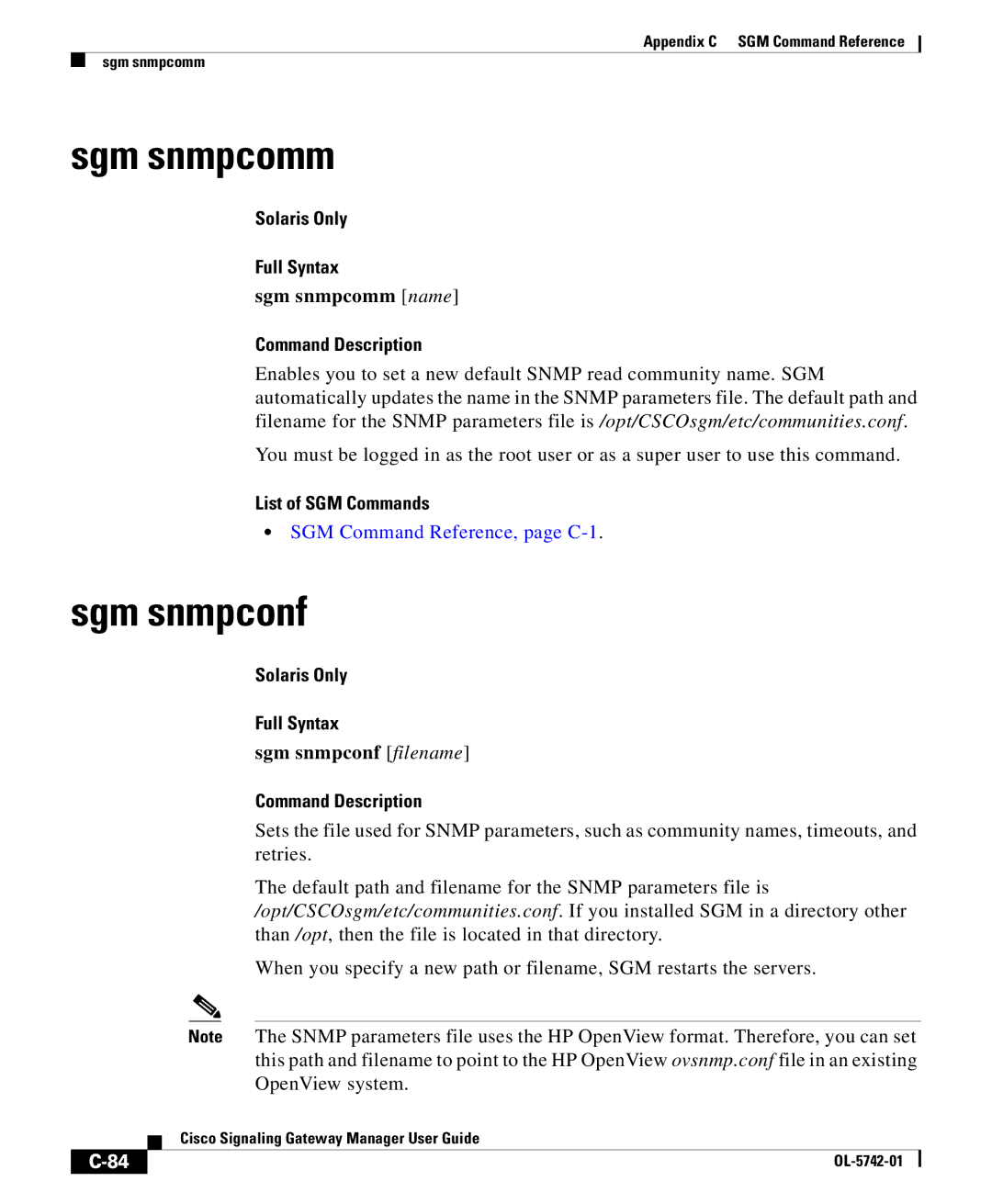 Cisco Systems OL-5742-01 appendix Sgm snmpcomm name, Sgm snmpconf filename 