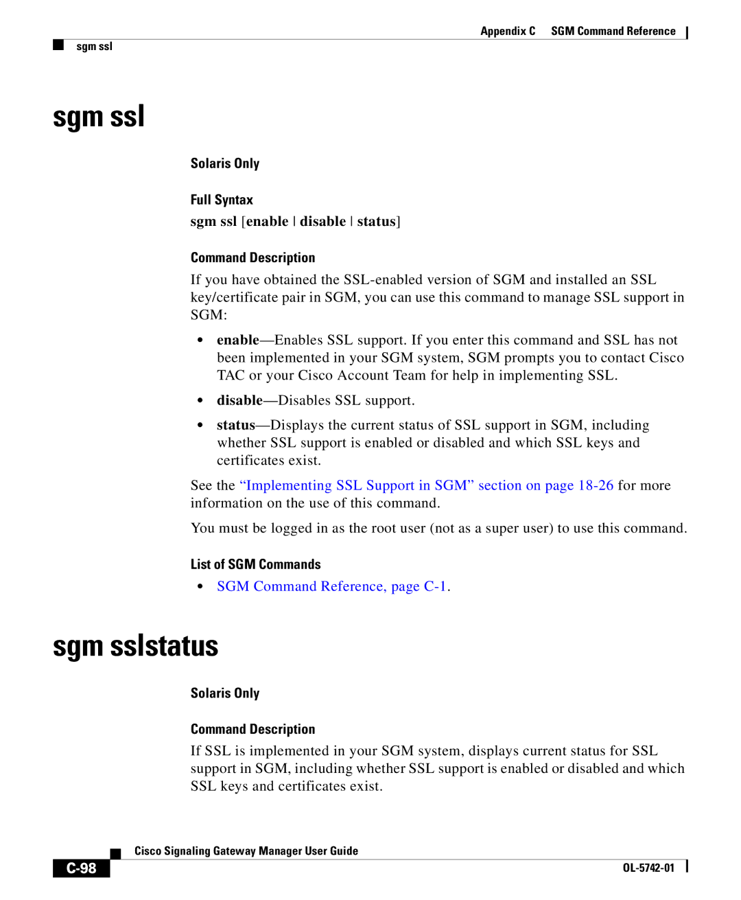 Cisco Systems OL-5742-01 appendix Sgm sslstatus, Sgm ssl enable disable status 