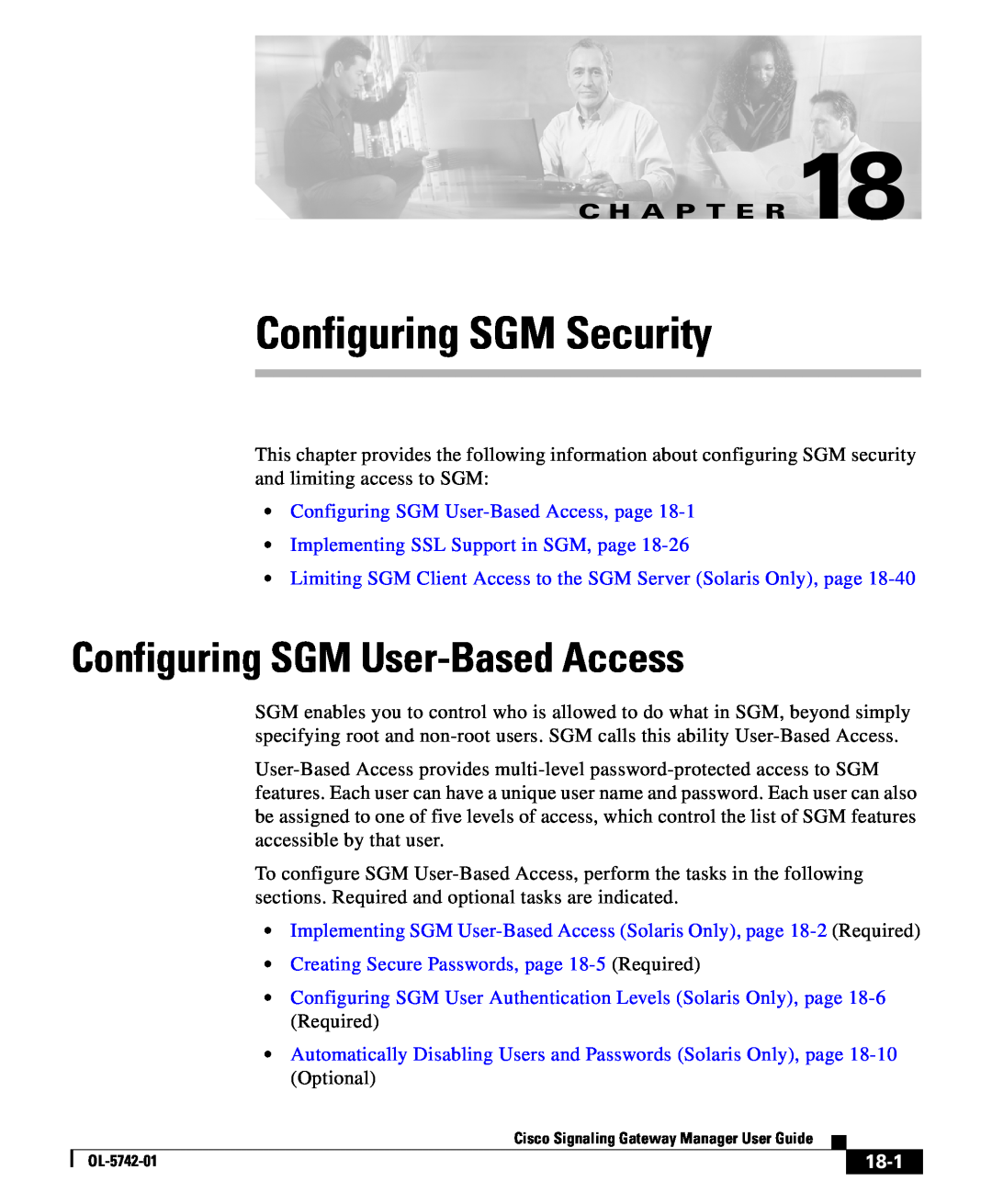 Cisco Systems OL-5742-01 manual Configuring SGM User-BasedAccess, page, Implementing SSL Support in SGM, page, 18-1 