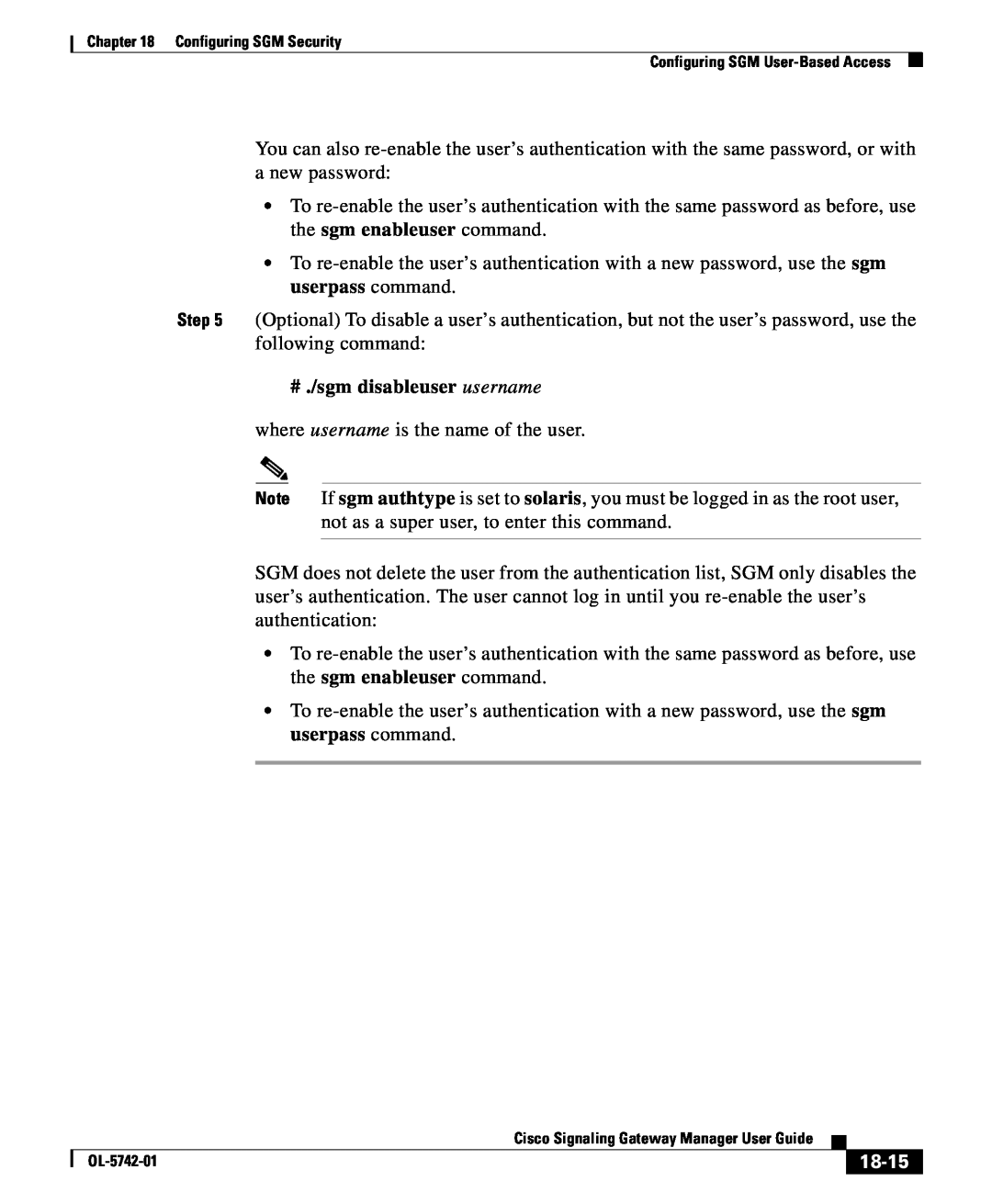 Cisco Systems OL-5742-01 manual # ./sgm disableuser username, 18-15 