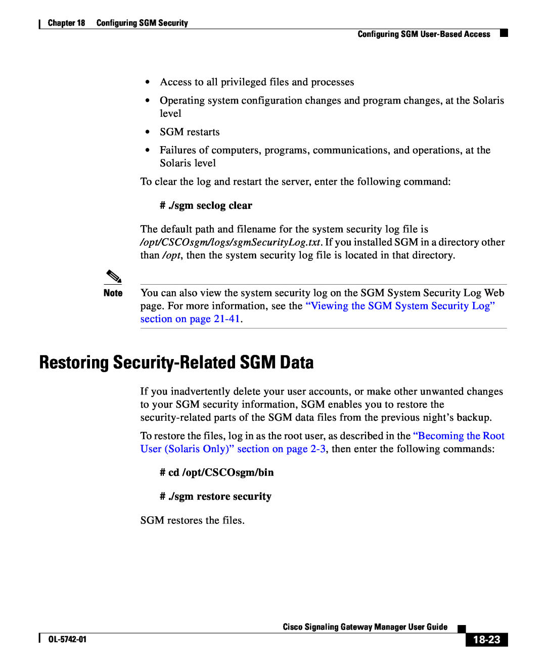 Cisco Systems OL-5742-01 manual Restoring Security-RelatedSGM Data, # ./sgm seclog clear, 18-23 