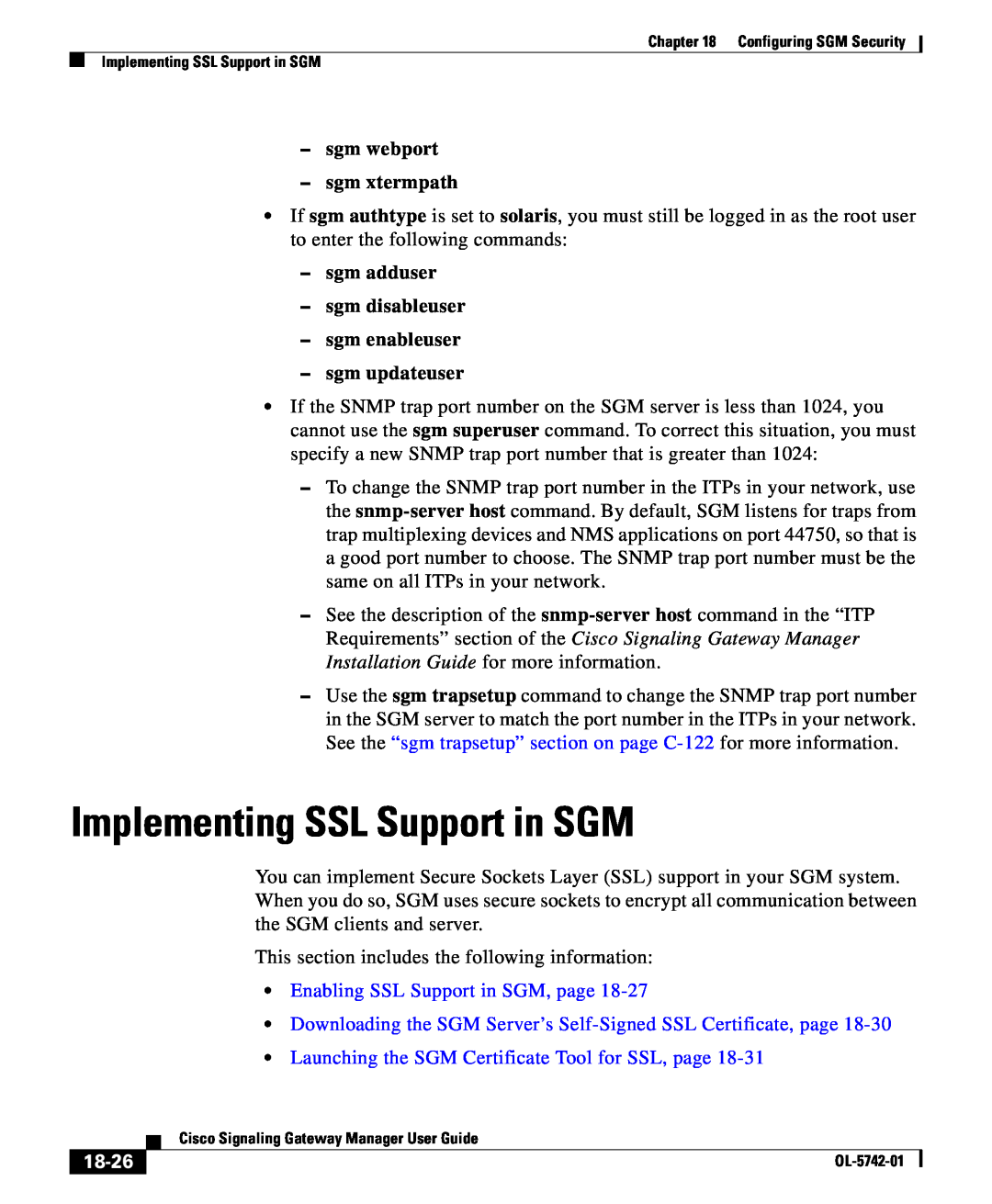 Cisco Systems OL-5742-01 Implementing SSL Support in SGM, sgm webport -sgm xtermpath, Enabling SSL Support in SGM, page 