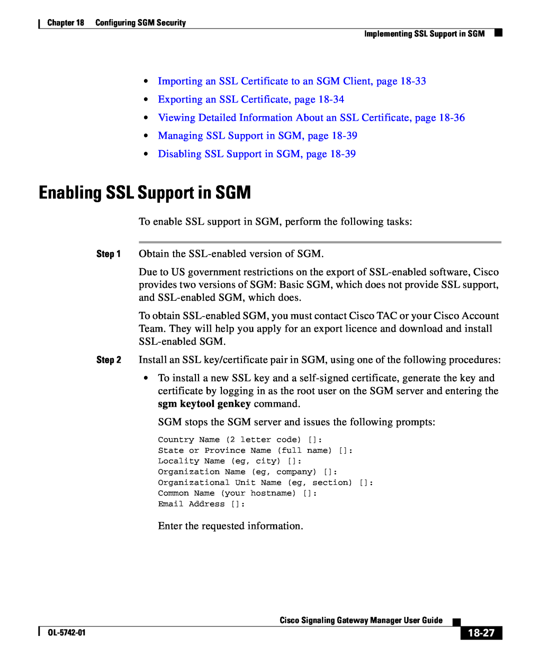 Cisco Systems OL-5742-01 manual Enabling SSL Support in SGM, Exporting an SSL Certificate, page, 18-27 