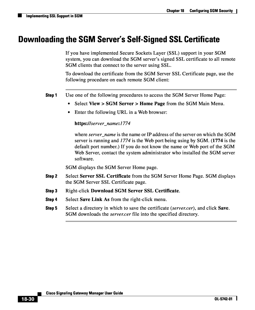 Cisco Systems OL-5742-01 manual 18-30, SGM displays the SGM Server Home page 