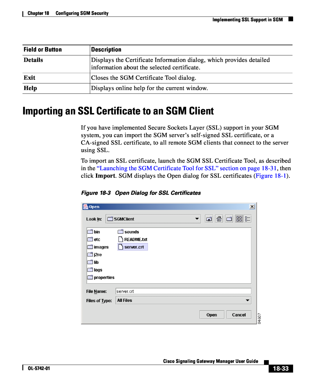 Cisco Systems OL-5742-01 manual Importing an SSL Certificate to an SGM Client, Details, Exit, Help, 18-33, Field or Button 