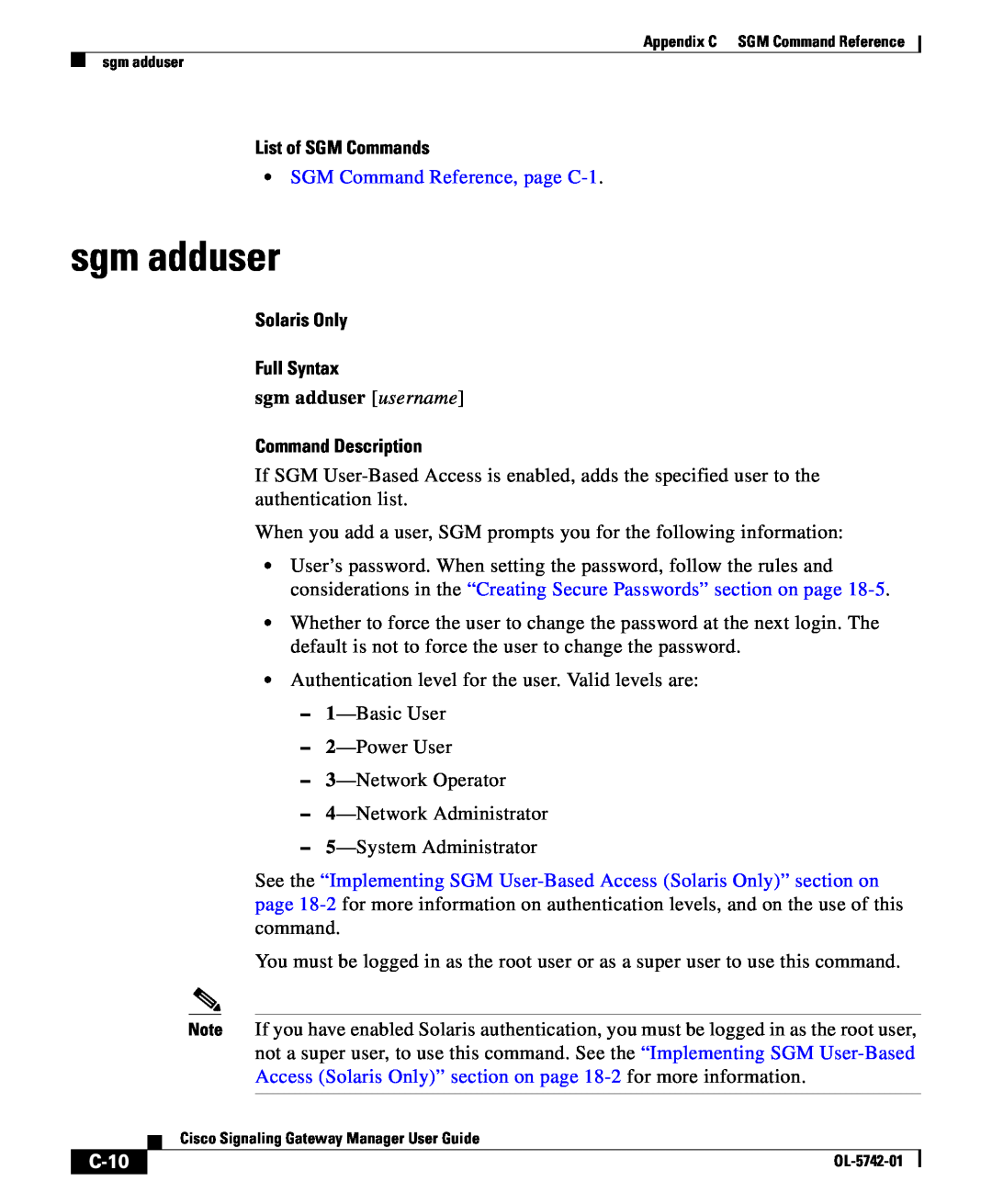 Cisco Systems OL-5742-01 sgm adduser, C-10, List of SGM Commands, SGM Command Reference, page C-1, Command Description 